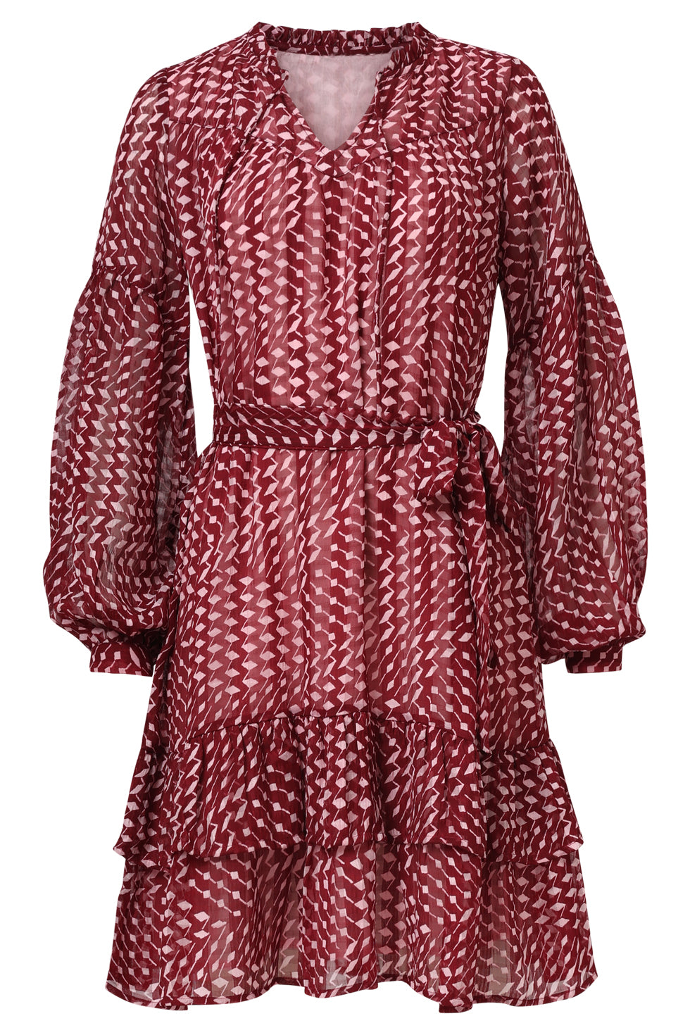Smashed Lemon tiered chiffon dress in bordeaux and baby pink geometric print, long sleeves with waist tie and tiered ruffle skirt, front view