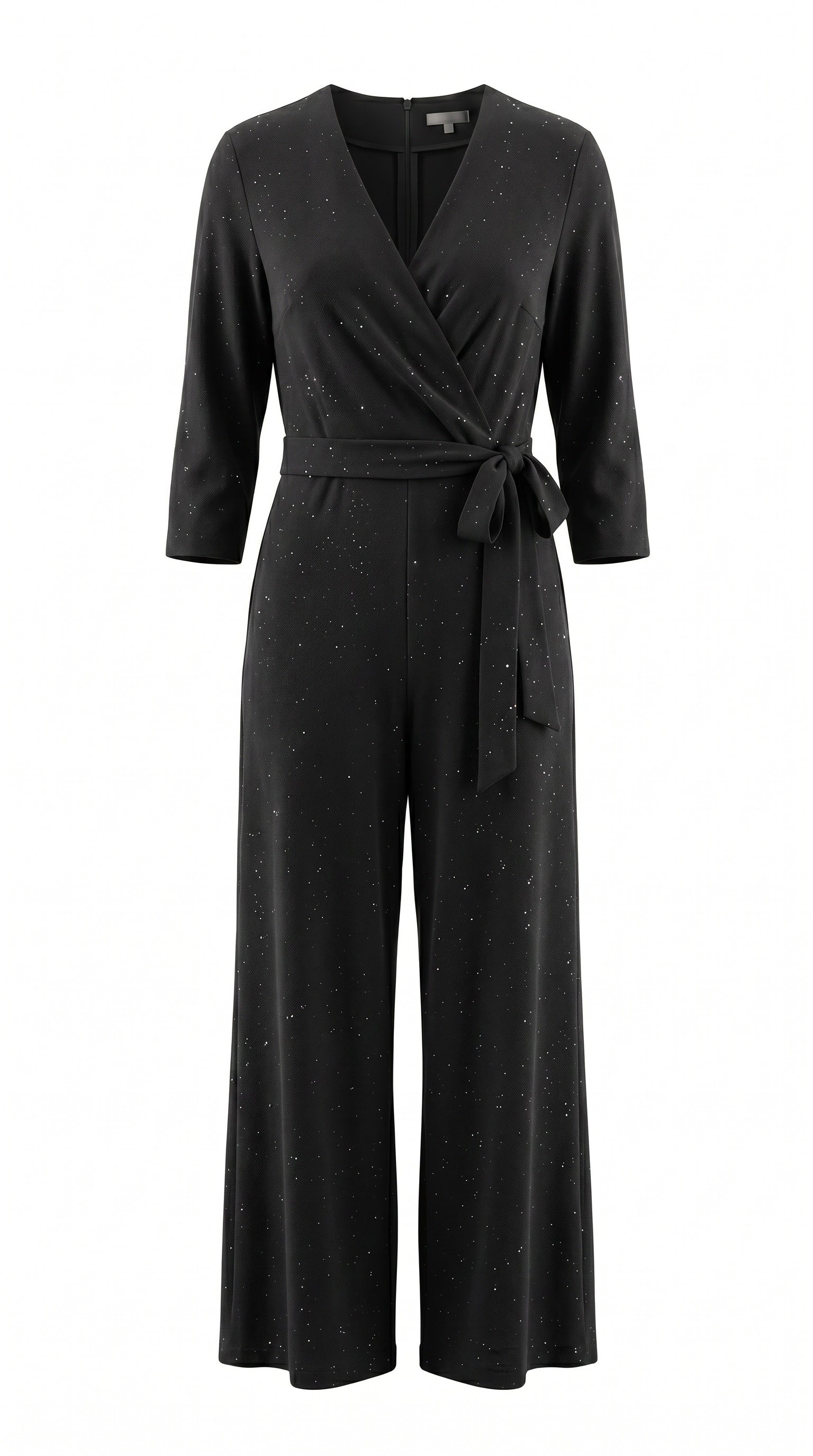 Smashed Lemon wrap jumpsuit in black with three-quarter sleeves, side tie waist and wide leg, front view
