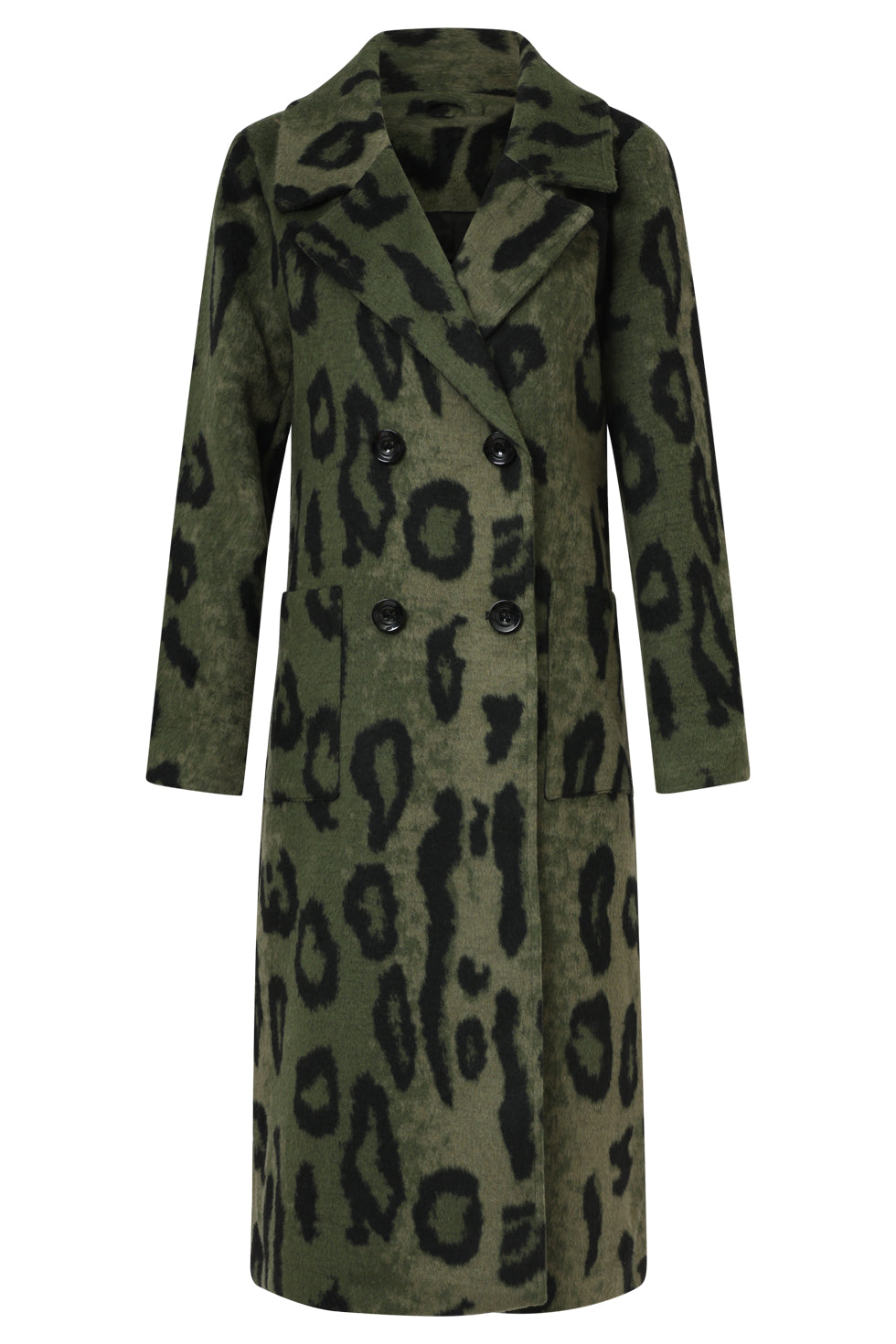 Smashed Lemon long coat in army green and black leopard print, double-breasted with notch lapel collar, front view