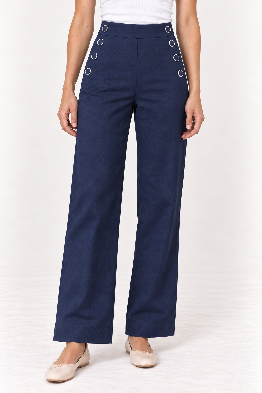 Waist detail of the YAYA High Waist Wide Leg Trousers in Navy Blazer Blue #Colour_Navy Blazer Blue