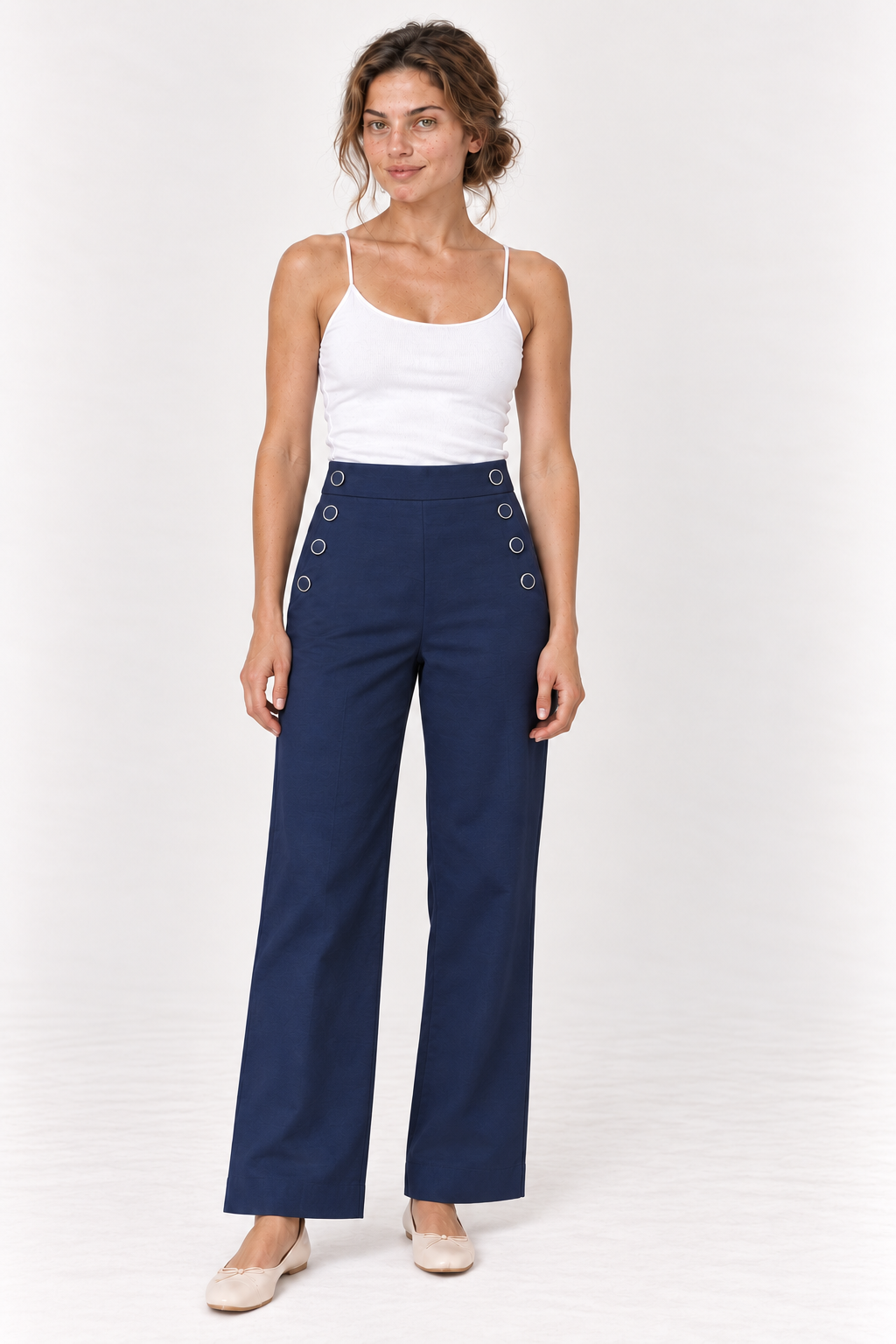 Model wearing the YAYA High Waist Wide Leg Trousers in Navy Blazer Blue, front #Colour_Navy Blazer Blue
