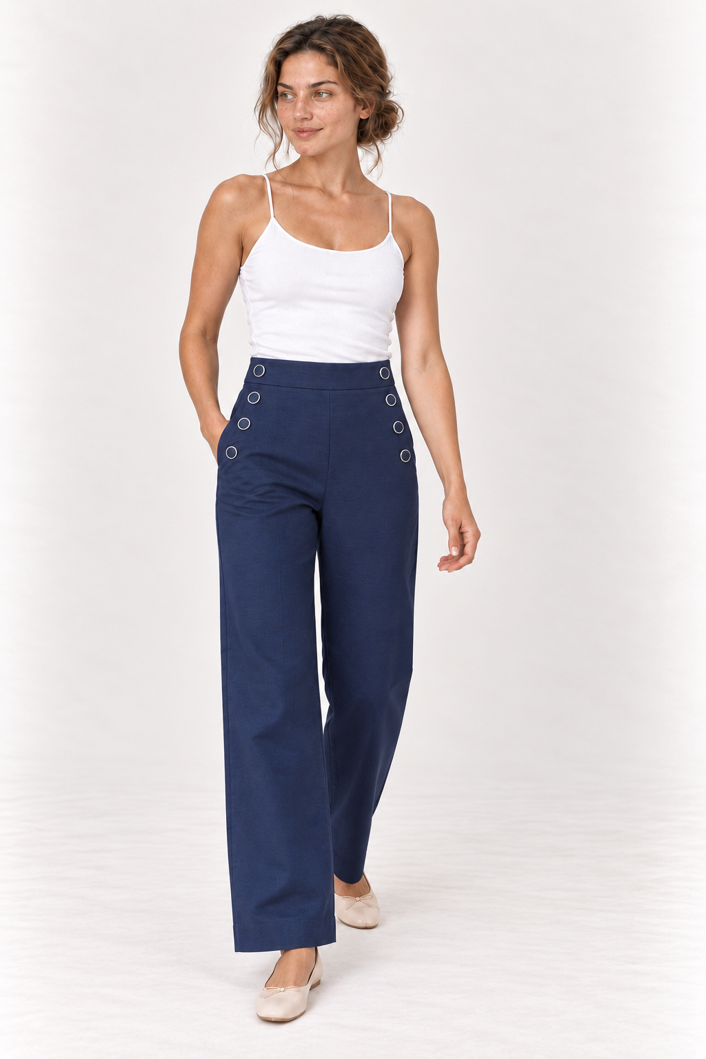 Model walking in the YAYA High Waist Wide Leg Trousers in Navy Blazer Blue #Colour_Navy Blazer Blue