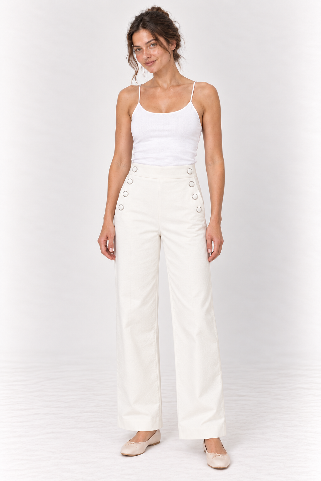 Model wearing the YAYA High Waist Wide Leg Trousers in Off White, front #Colour_Off White