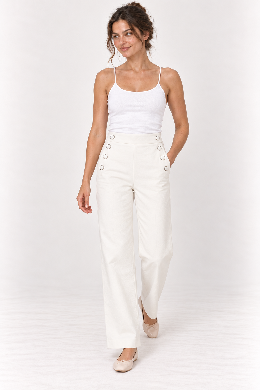 Model walking in the YAYA High Waist Wide Leg Trousers in Off White #Colour_Off White