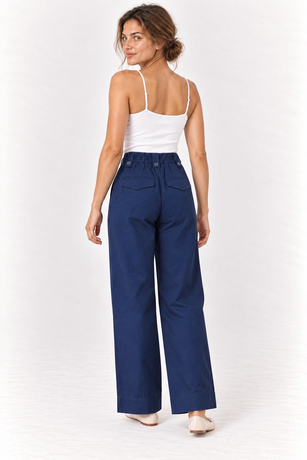 Model wearing the YAYA Drawstring Wide Leg Trousers in Navy Blazer Blue, back view #Colour_Dark Blue
