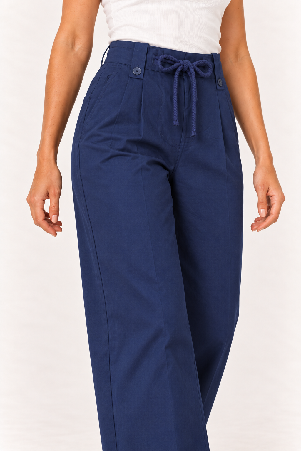 Close up of the drawstring waist on the YAYA Drawstring Wide Leg Trousers in Navy Blazer Blue #Colour_Dark Blue