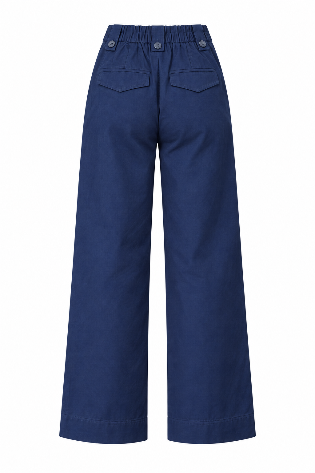 YAYA Drawstring Wide Leg Trousers in Navy Blazer Blue, flat back view showing the elasticated waistband and welt pockets #Colour_Dark Blue