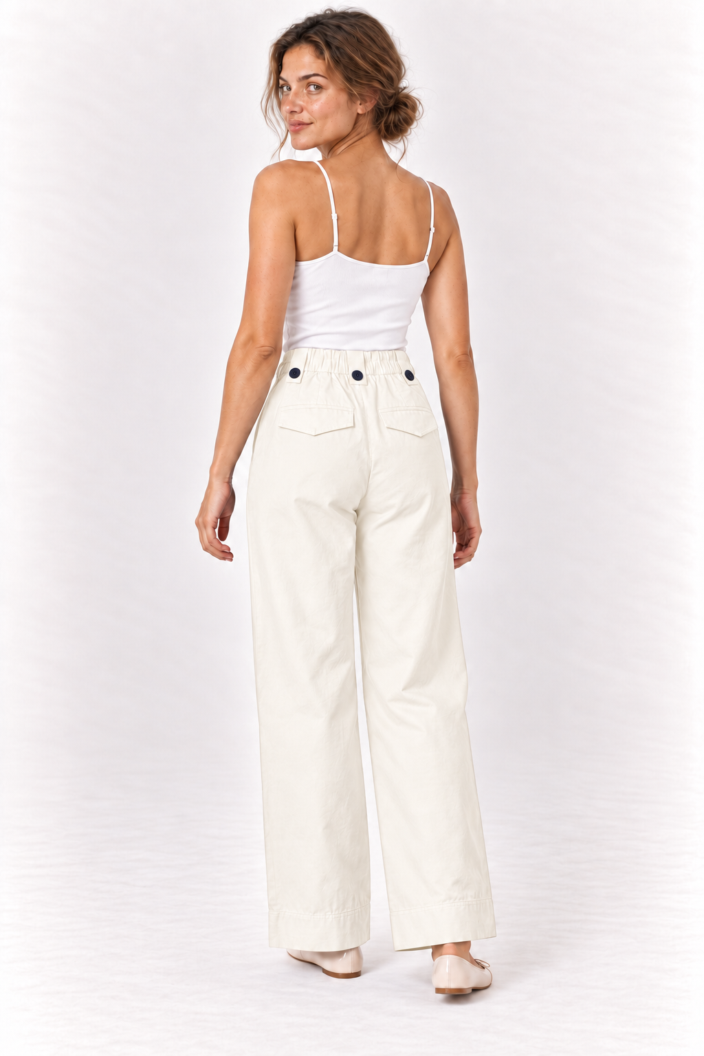 Model wearing the YAYA Drawstring Wide Leg Trousers in Off White, back view #Colour_White