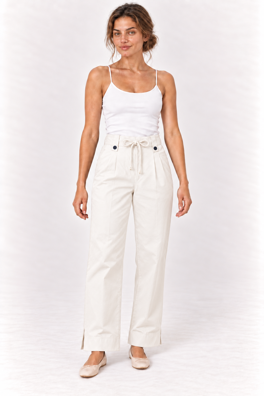 Model wearing the YAYA Drawstring Wide Leg Trousers in Off White, front view #Colour_White