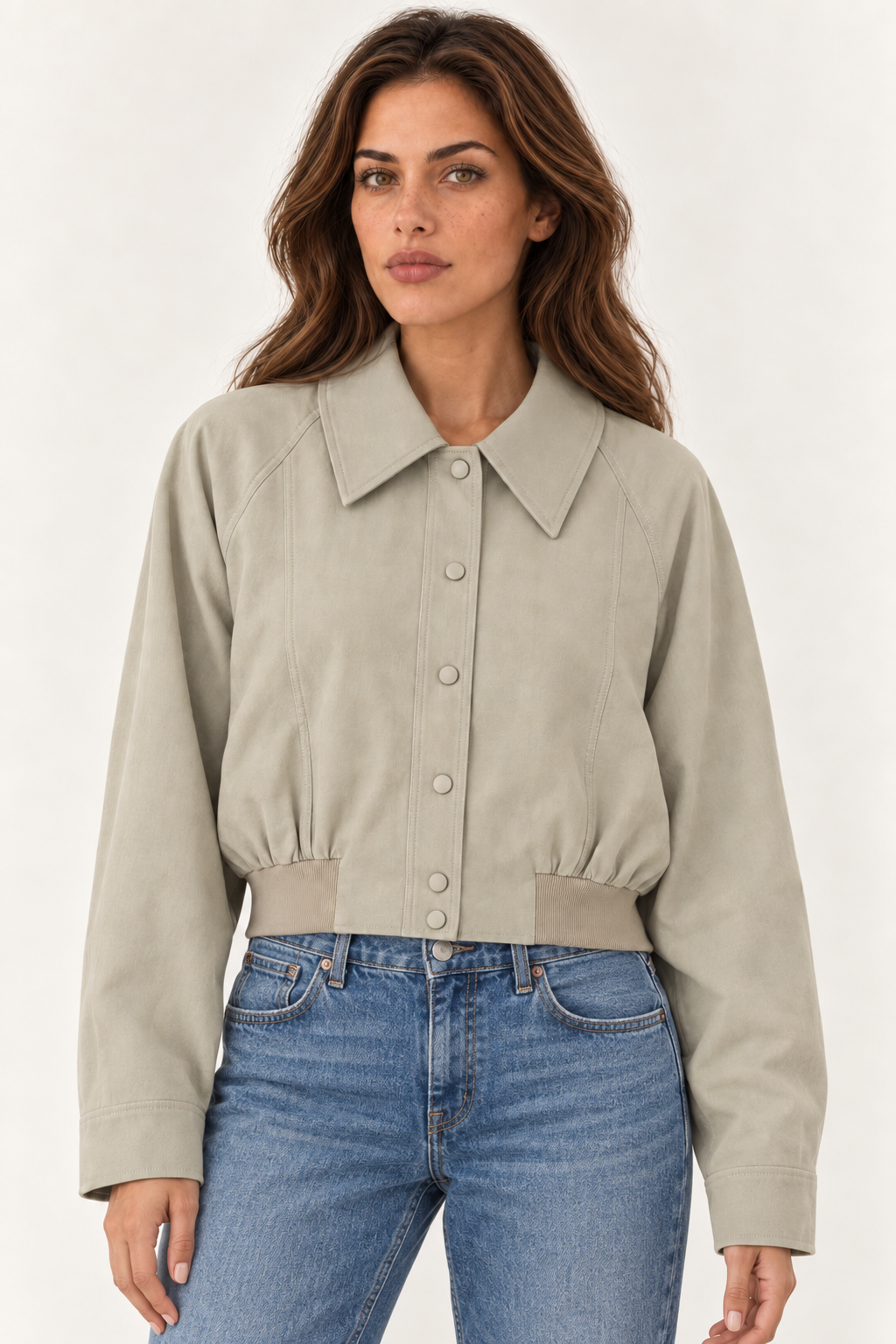 Close up of the pointed collar on the YAYA Point Collar Cropped Jacket in Khaki Green
