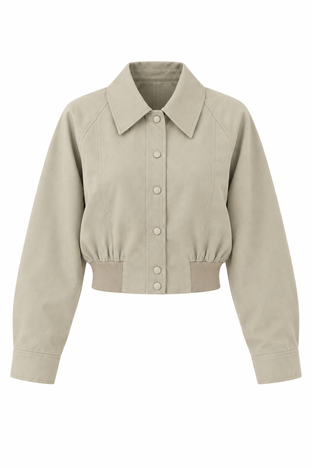 YAYA Point Collar Cropped Jacket in Khaki Green, flat front view showing the press studs and ribbed hem