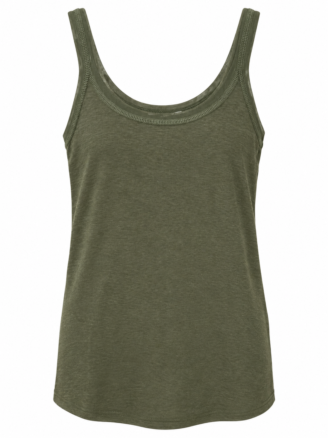 YAYA Fine Jersey Singlet with Mesh Trim in Army Green, flat front view showing the mesh neckline #Colour_Army Green