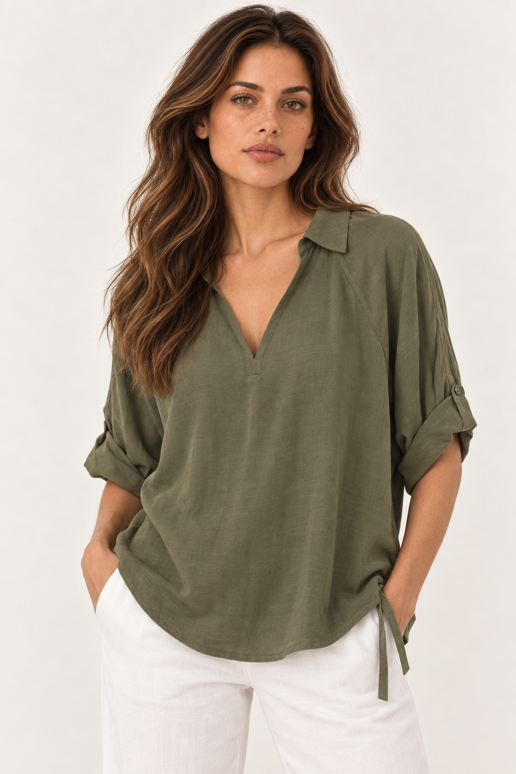 Model wearing the YAYA Open Collar Top with Pleated Sleeves in Army Green, front view #Colour_Army Green
