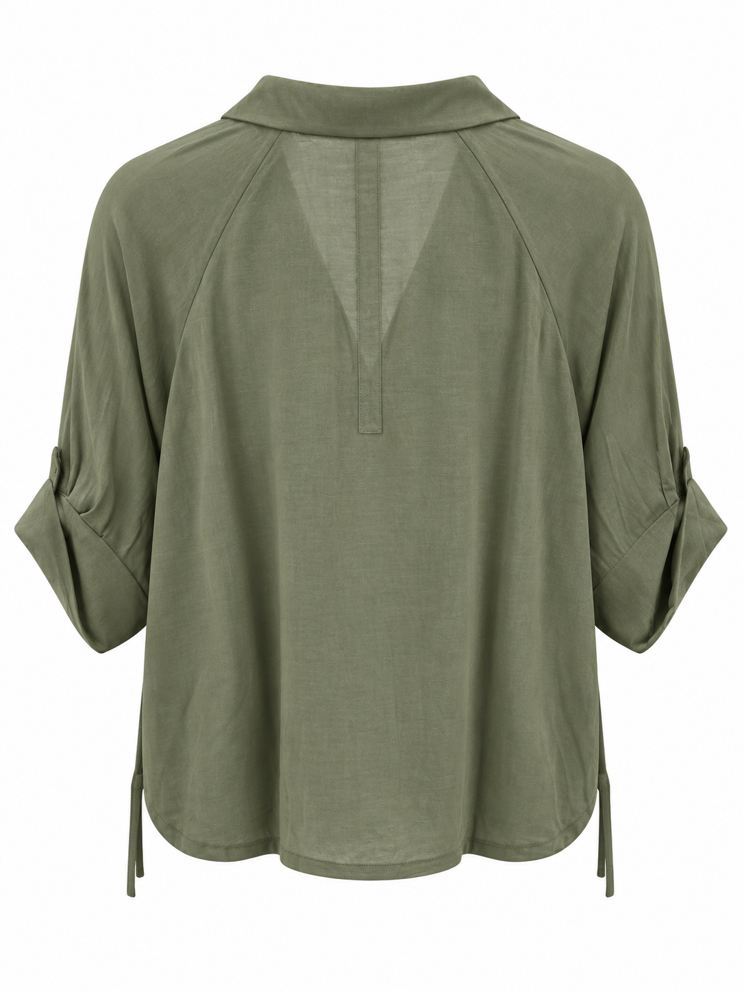 YAYA Open Collar Top with Pleated Sleeves in Army Green, flat back view showing the raglan seams and step hem #Colour_Army Green