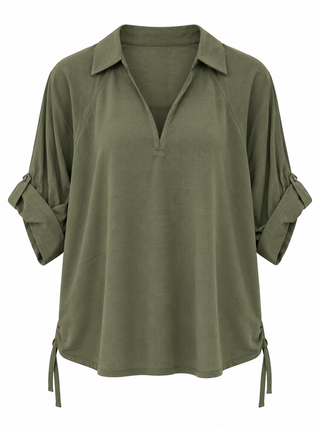 YAYA Open Collar Top with Pleated Sleeves in Army Green, flat front view showing the collar and notched V opening #Colour_Army Green