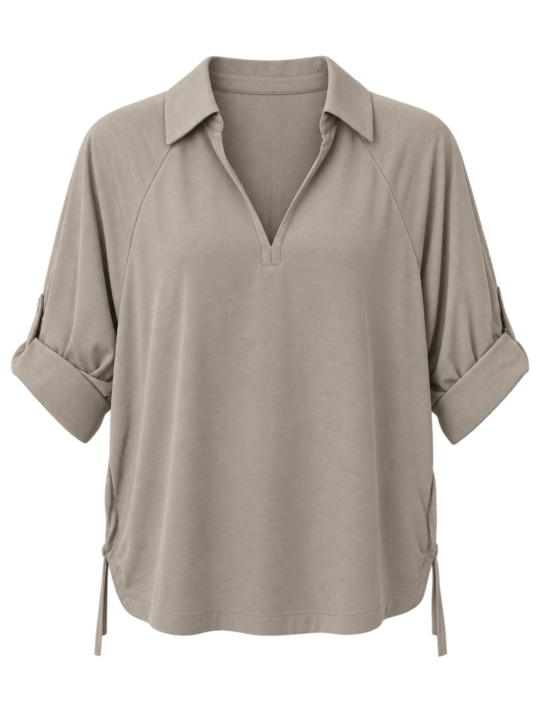 YAYA Open Collar Top with Pleated Sleeves in Crockery Brown, flat front view showing the pleated sleeve cuff #Colour_Crockery Brown
