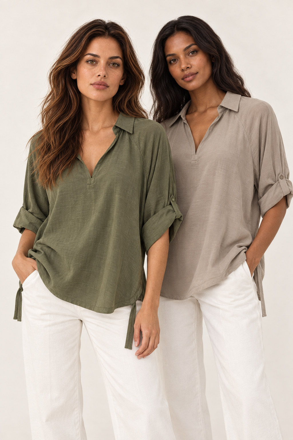 YAYA Open Collar Top with Pleated Sleeves shown in both shades, Army Green and Crockery Brown