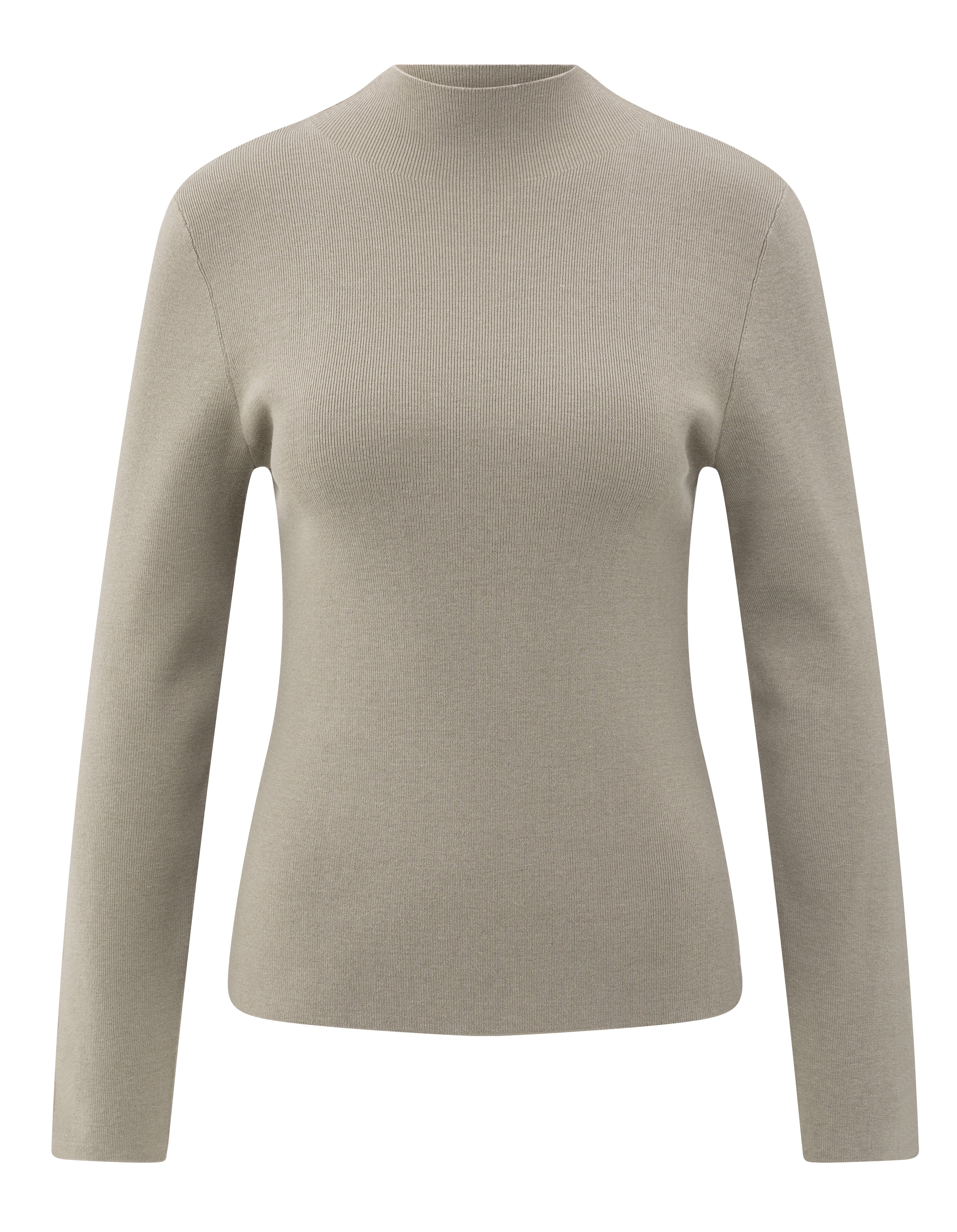 A YAYA fine knit sweater in a brownish grey tone, featuring a high neckline, long sleeves, and a clean minimalist silhouette.