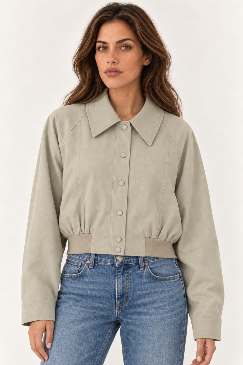 Close up of the pointed collar on the YAYA Point Collar Cropped Jacket in Khaki Green