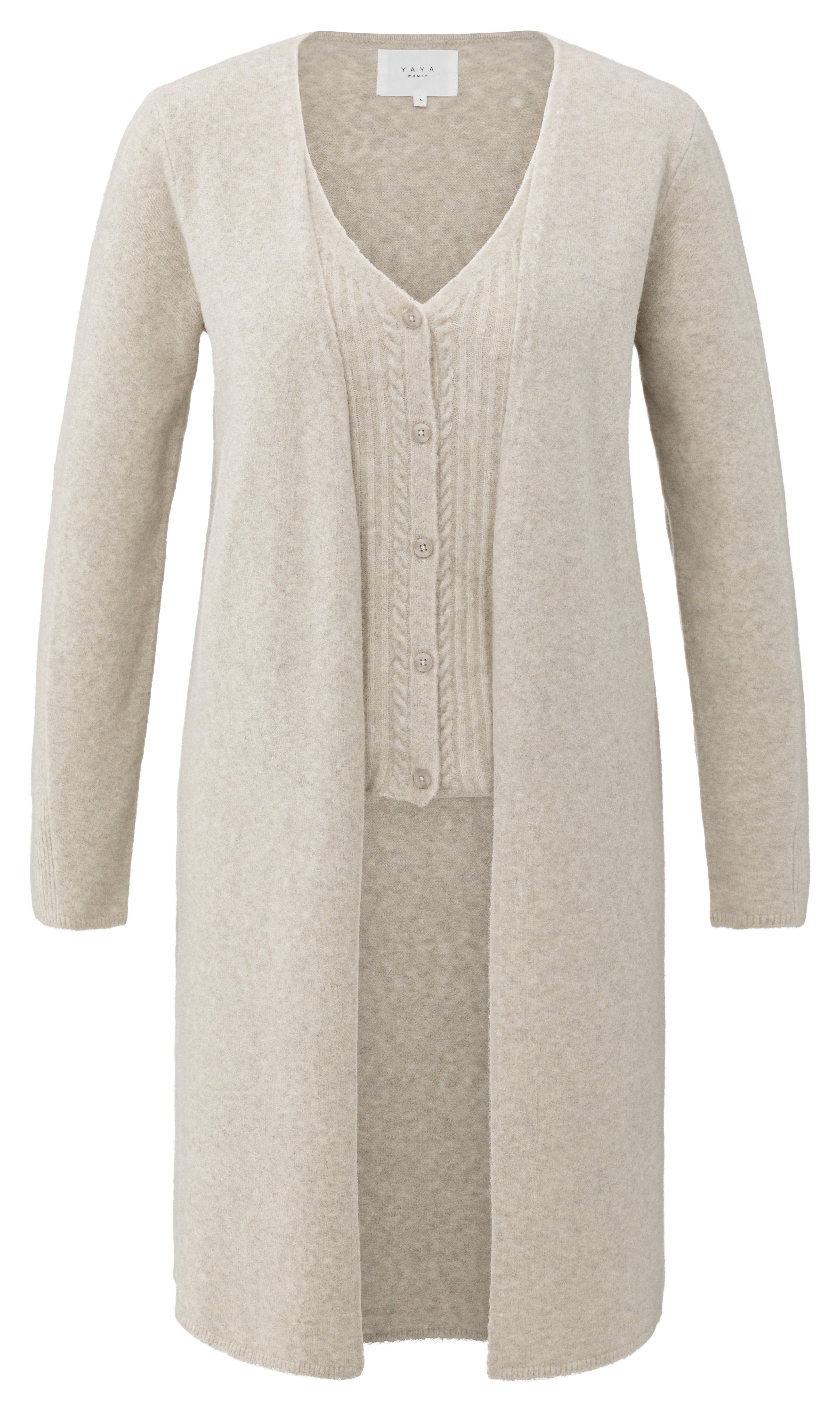 A YAYA long cardigan in cloud grey melange featuring a layered design with an integrated cable knit gilet, button front detail, and long sleeves in a soft textured knit.