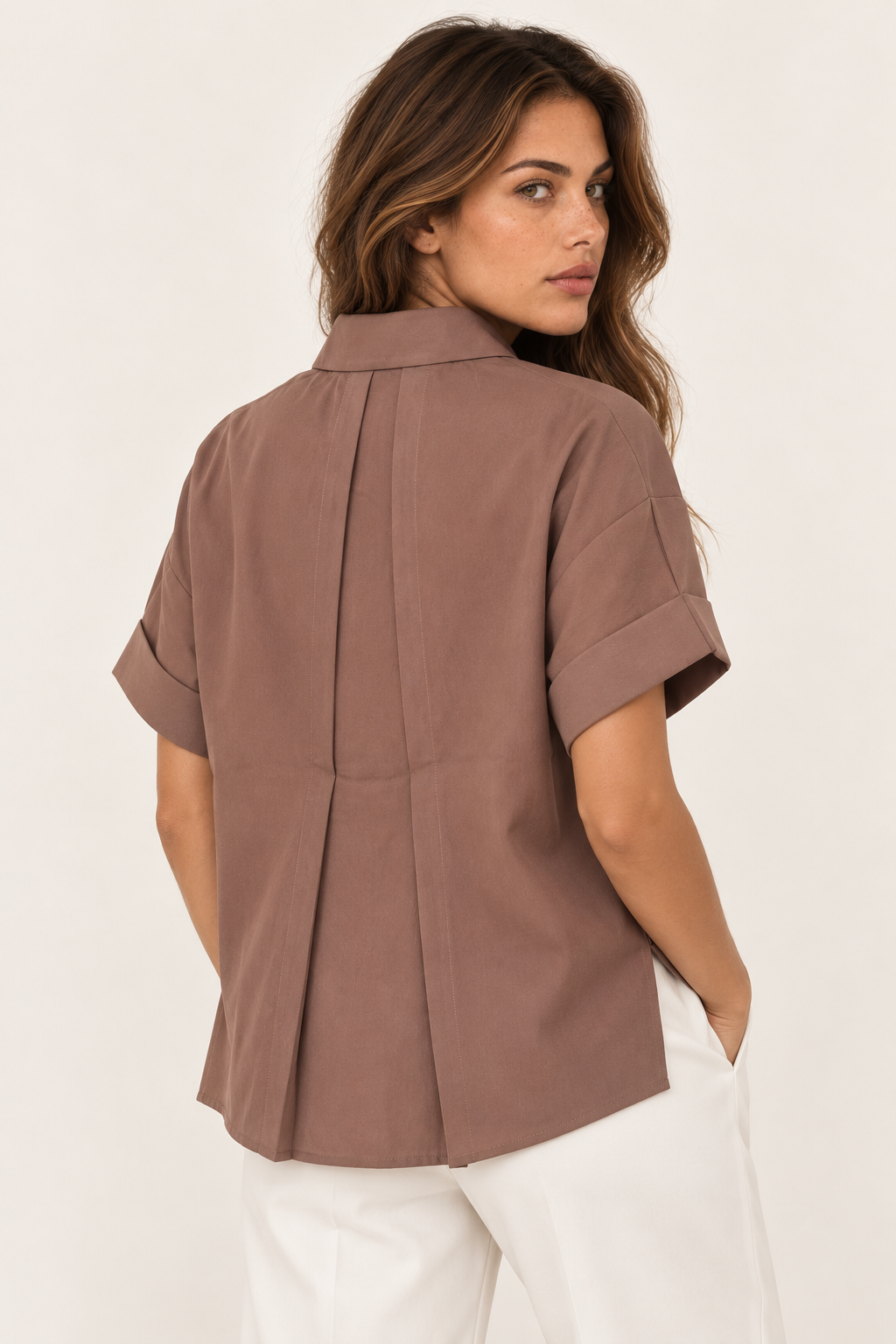 Model wearing the YAYA Lyocell Linen Top with Notched Collar in Brownie Brown, back view #Colour_Brownie Brown