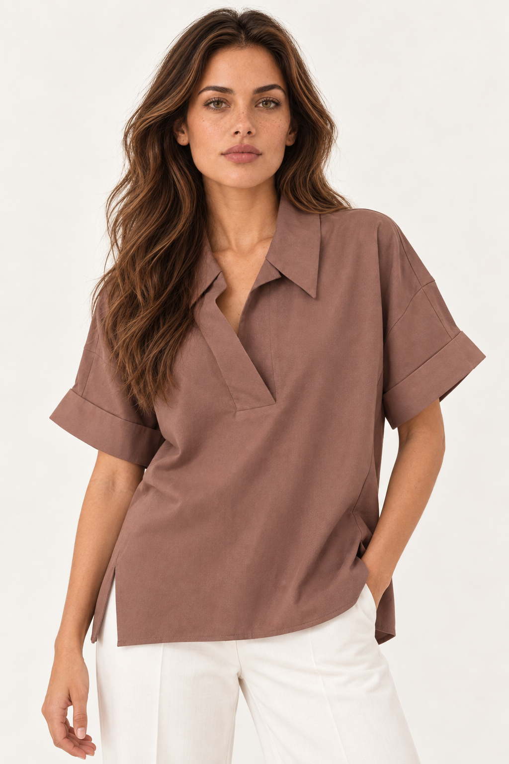 Model wearing the YAYA Lyocell Linen Top with Notched Collar in Brownie Brown, front view #Colour_Brownie Brown