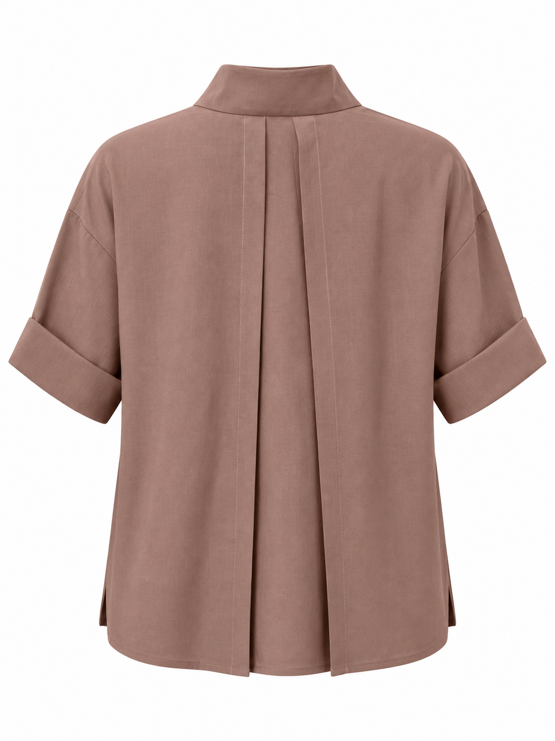 YAYA Lyocell Linen Top with Notched Collar in Brownie Brown, flat back view showing the centre box pleat #Colour_Brownie Brown