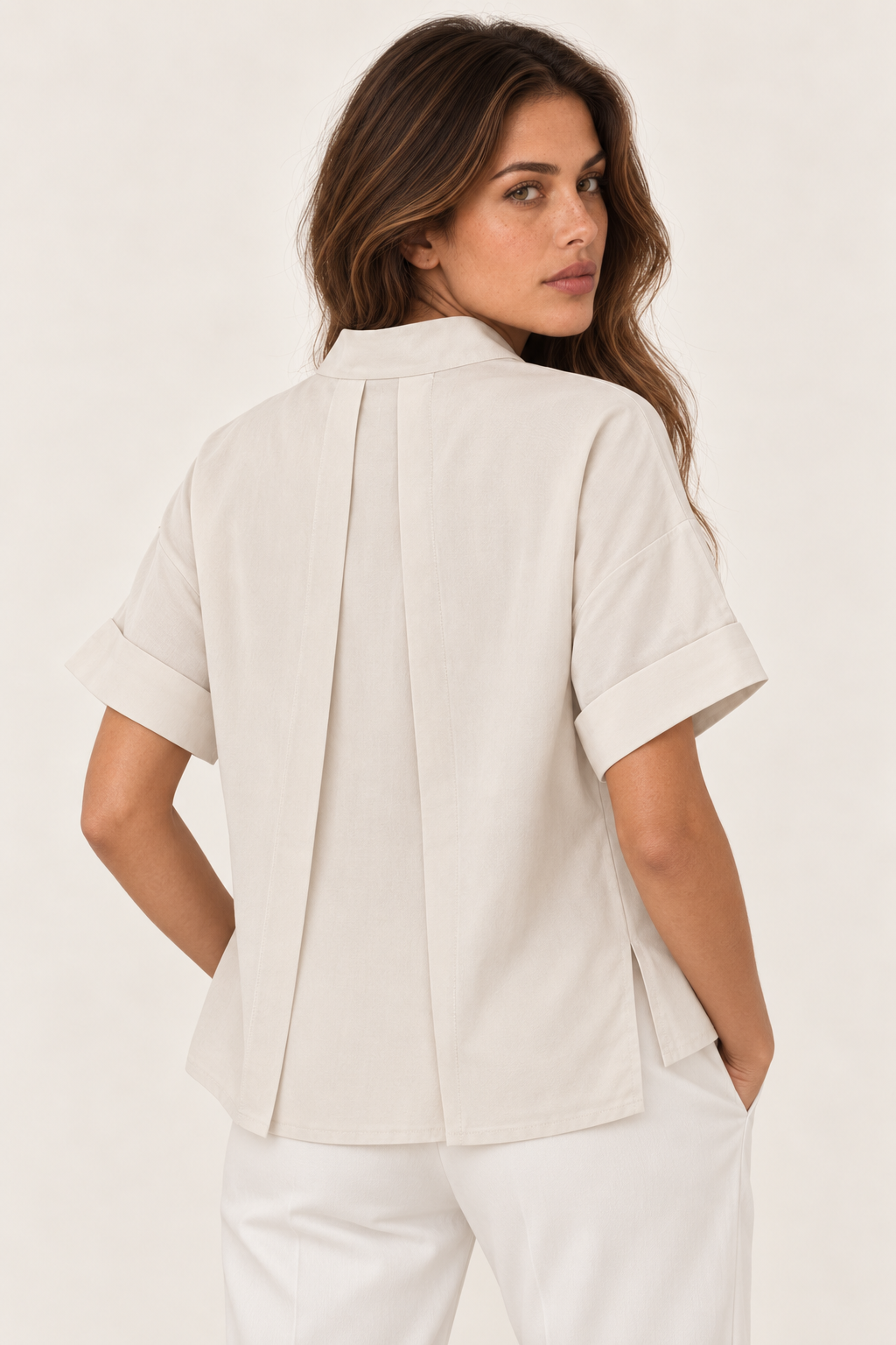 Model wearing the YAYA Lyocell Linen Top with Notched Collar in Cloud Creme White, back view #Colour_Cloud Creme White