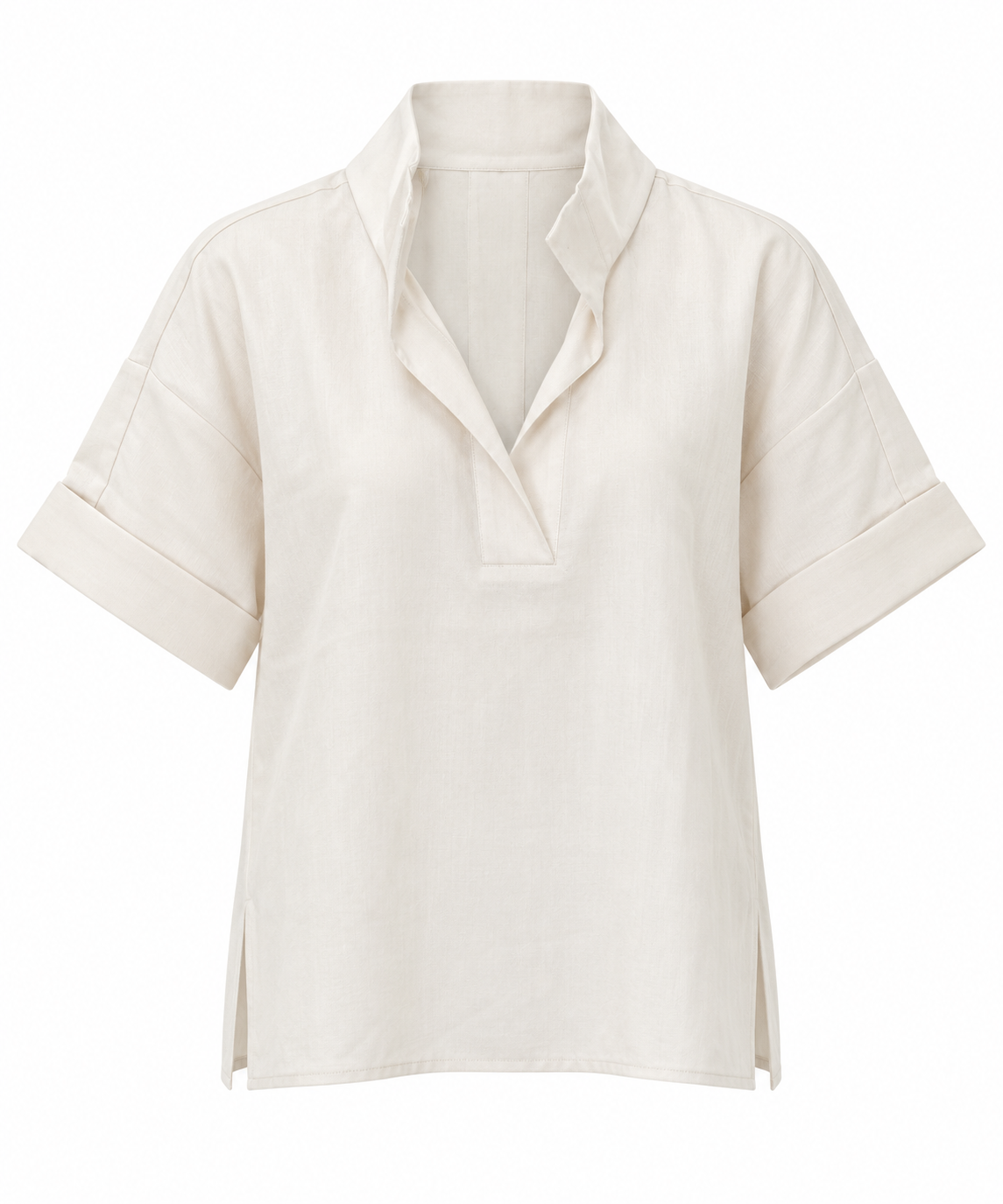 YAYA Lyocell Linen Top with Notched Collar in Cloud Creme White, flat front view showing the notched lapels and turned-back cuffs #Colour_Cloud Creme White