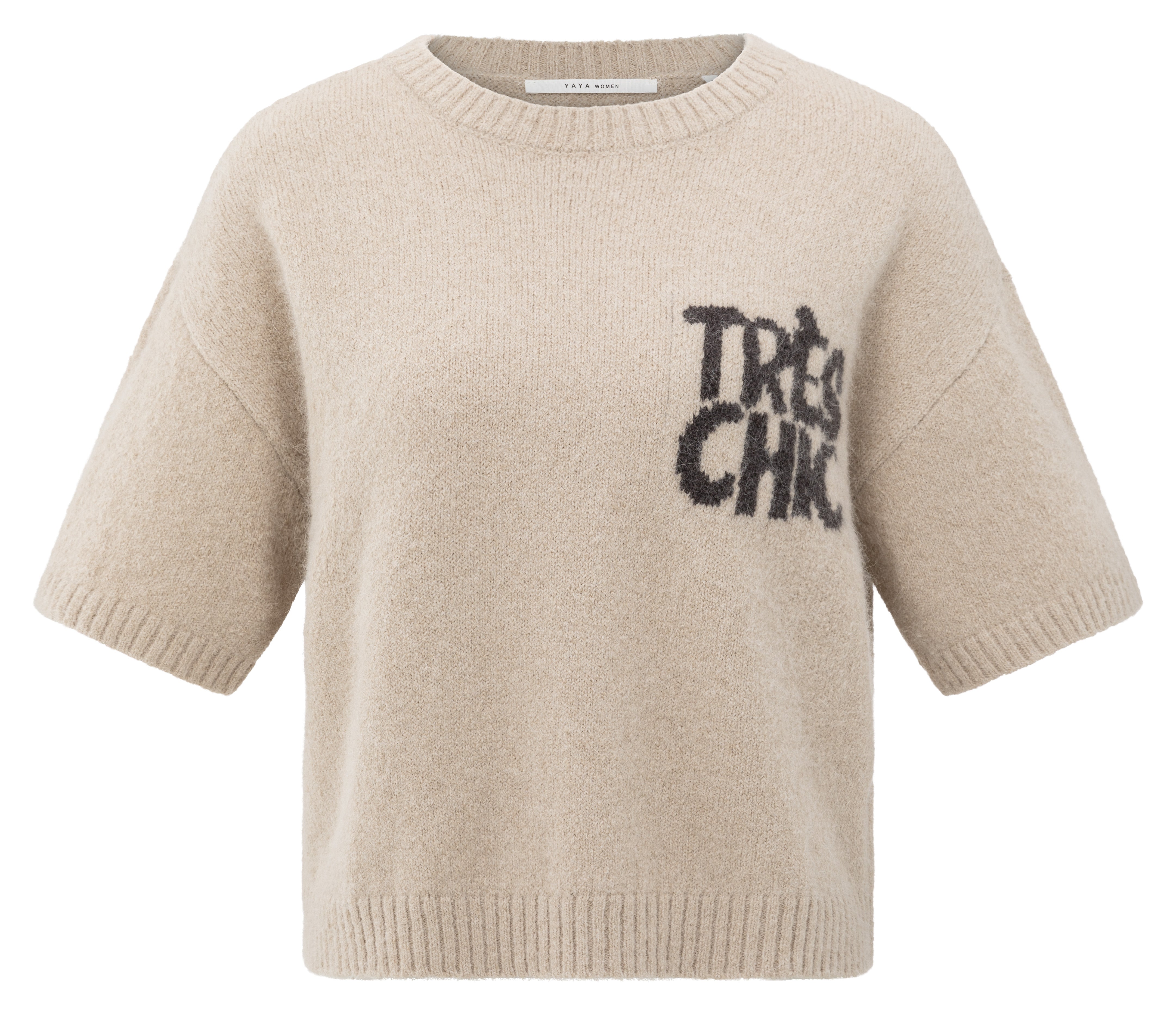 A beige short sleeve knit sweater by YAYA featuring a round neckline and subtle “Très Chic” artwork on the chest.