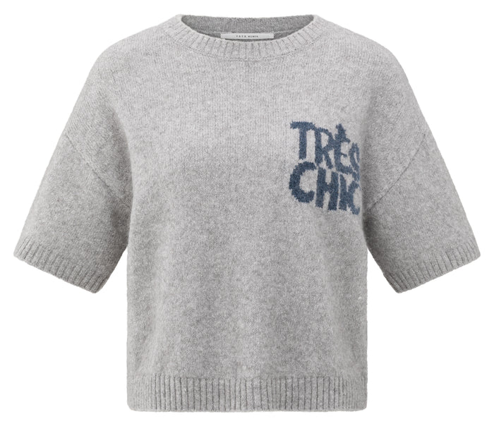 YAYA Short Sleeve Sweater with Artwork in Grey Melange