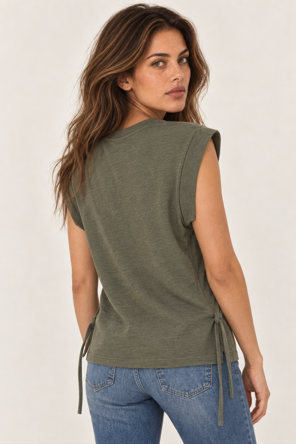 Model wearing the YAYA Cuffed Shoulder Top with Side Drawcords in Army Green, back view #Colour_Army Green