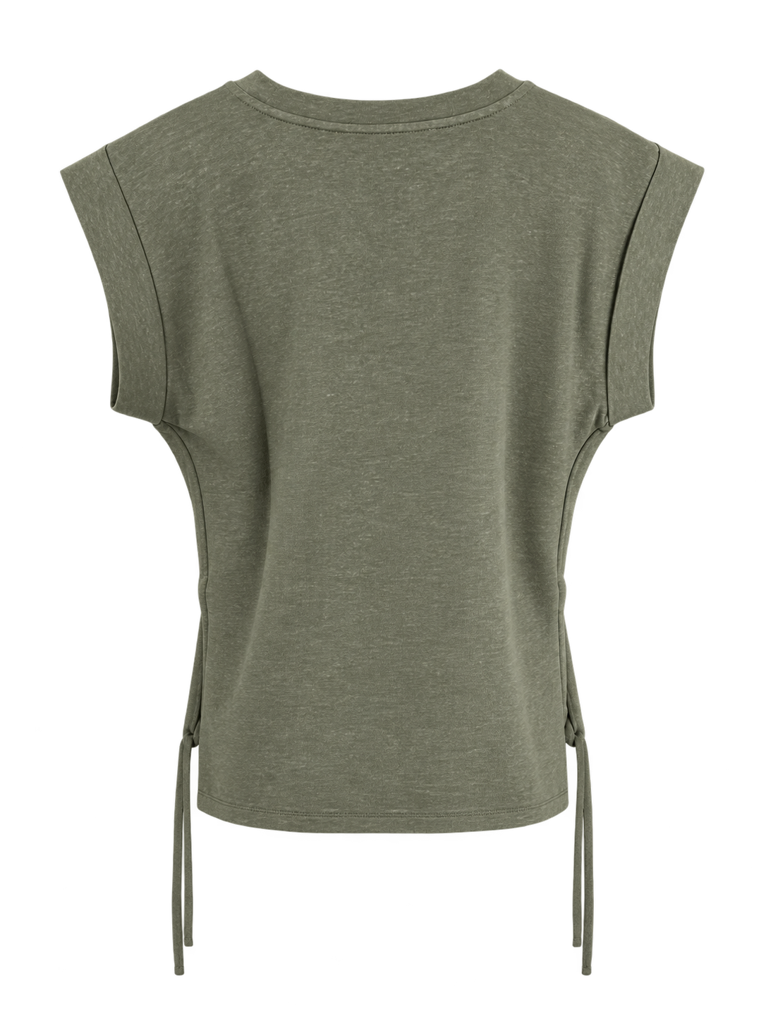 YAYA Cuffed Shoulder Top with Side Drawcords in Army Green, flat back view showing the side seam drawcords #Colour_Army Green