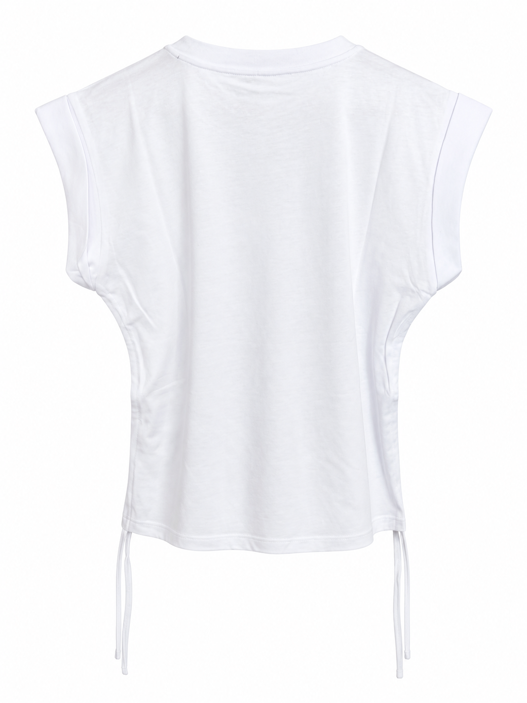 YAYA Cuffed Shoulder Top with Side Drawcords in Pure White, flat back view showing the side seam drawcords #Colour_Pure White