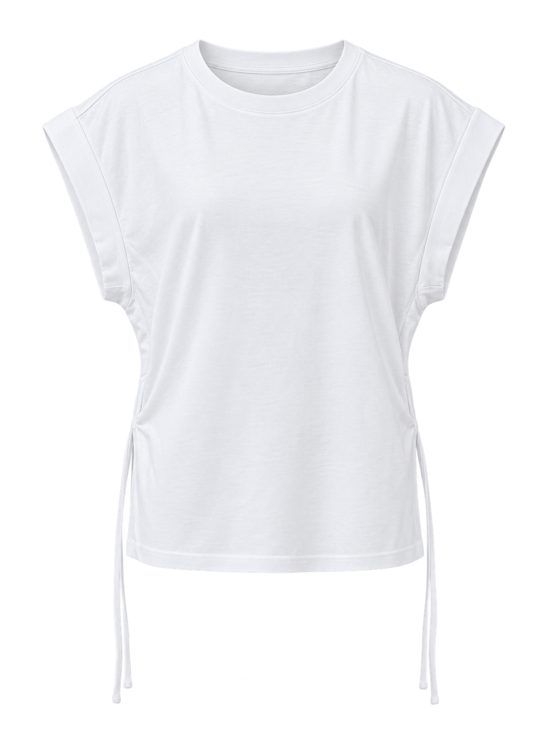 YAYA Cuffed Shoulder Top with Side Drawcords in Pure White, flat front view showing the cuffed shoulder and deep armhole #Colour_Pure White
