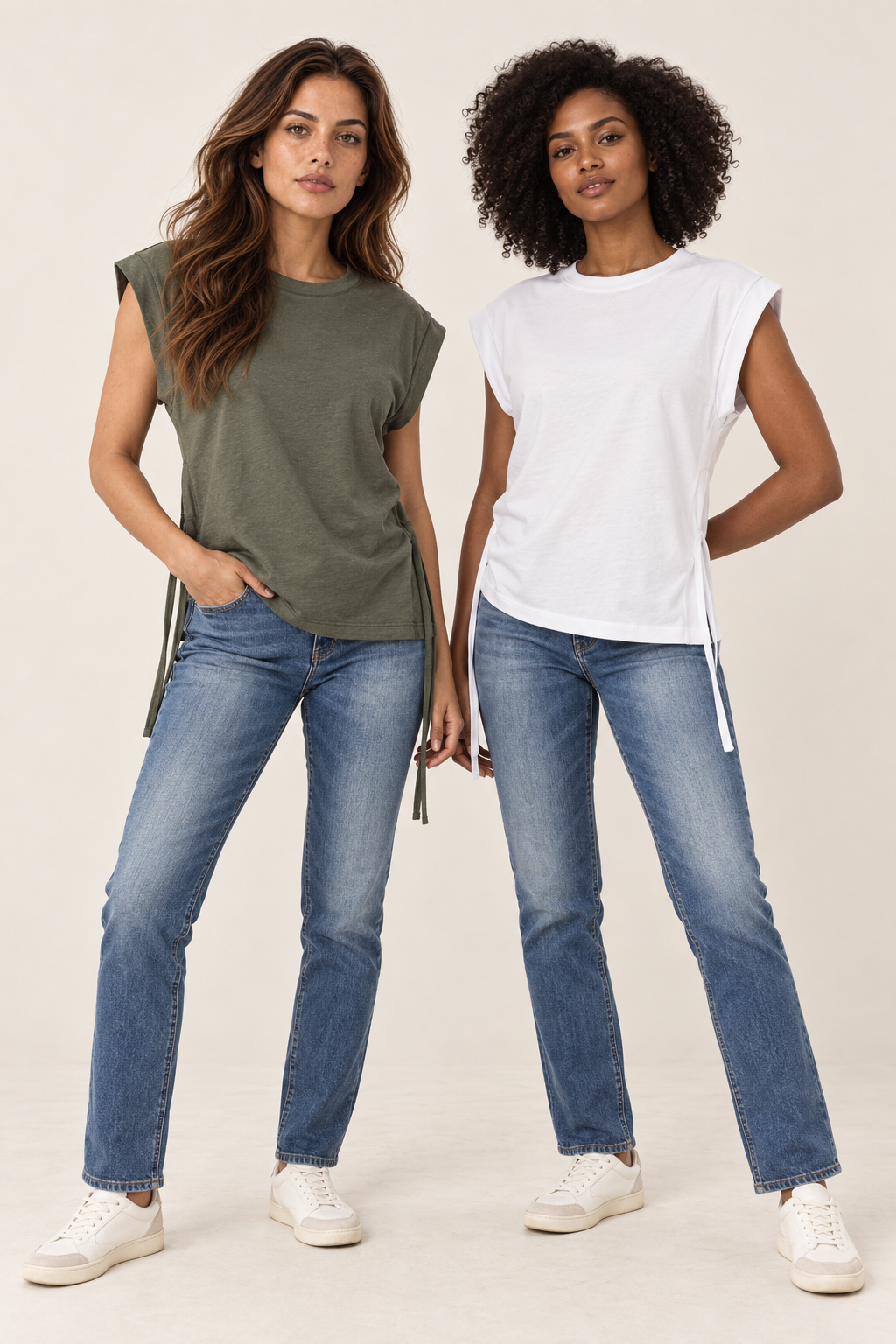 YAYA Cuffed Shoulder Top with Side Drawcords shown in both shades, Army Green and Pure White