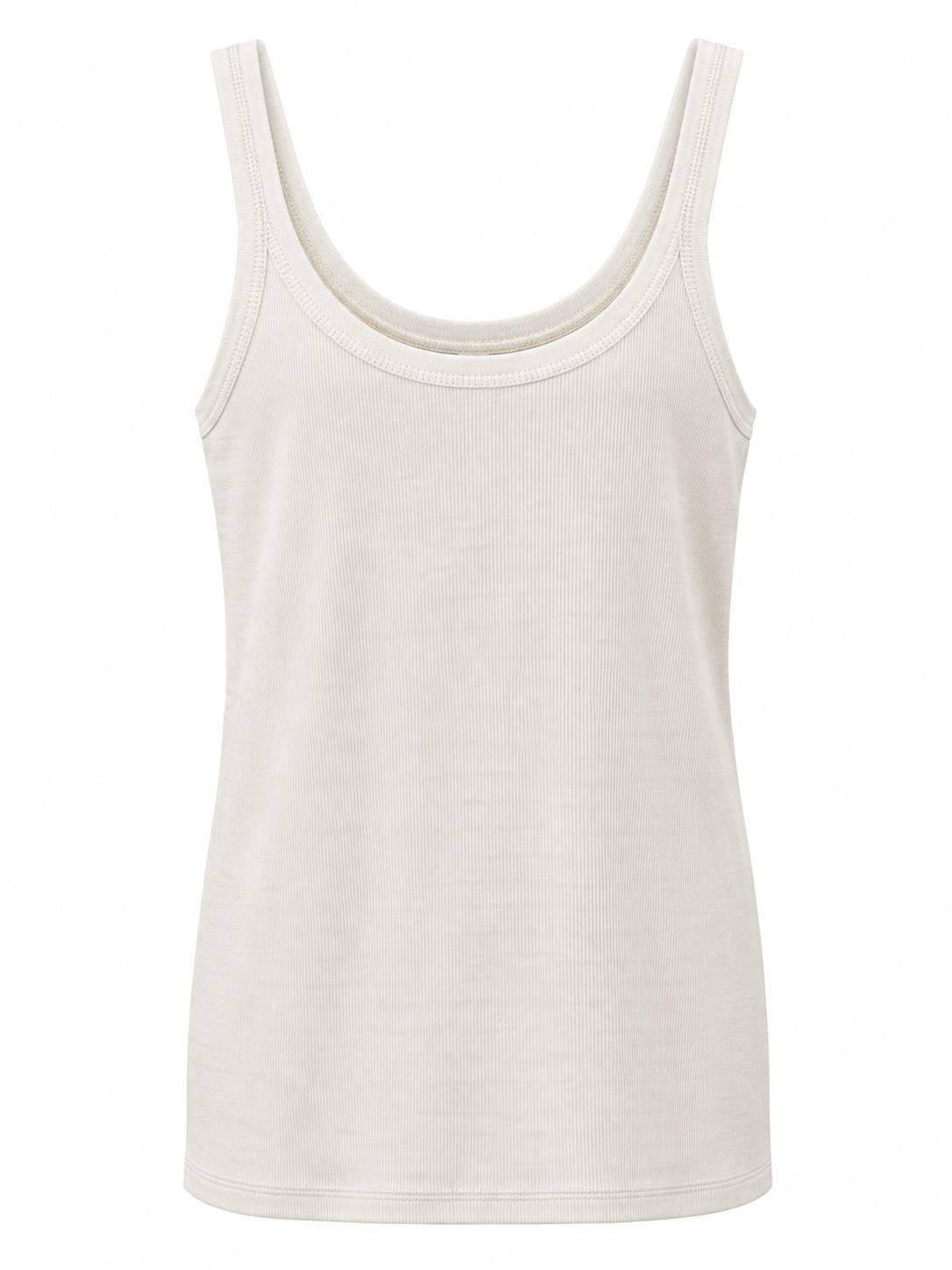 YAYA Fine Jersey Singlet with Mesh Trim in Creme Beige, flat front view showing the mesh neckline #Colour_Creme Beige