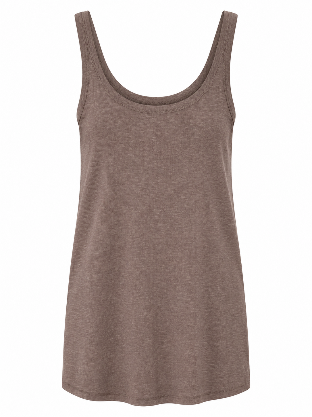 YAYA Fine Jersey Singlet with Mesh Trim in Washed Brown, flat front view showing the mesh neckline #Colour_Washed Brown