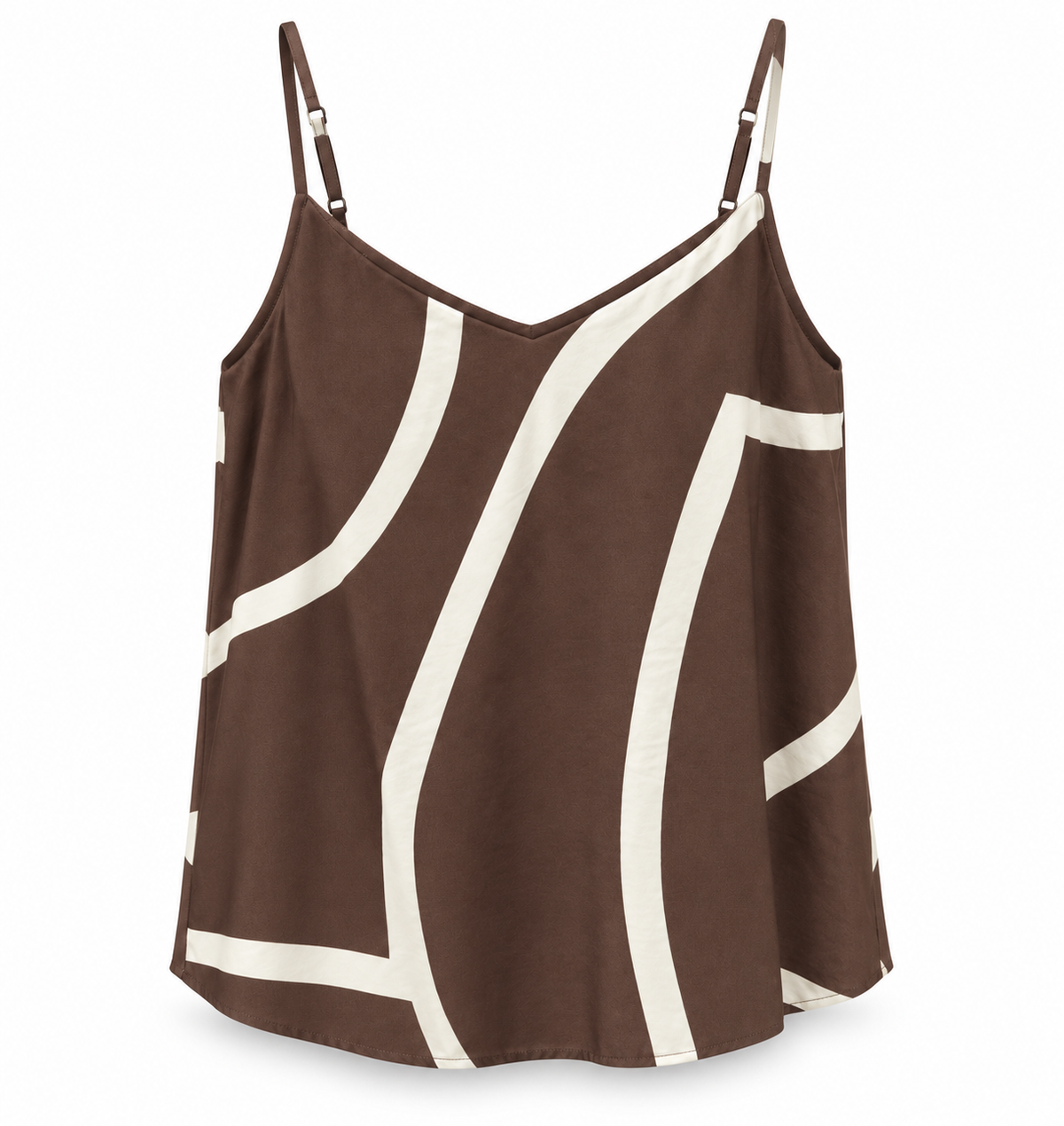YAYA Abstract Line Print Cami in Chocolate Martini Brown, flat back view showing the adjustable straps and pointed hem #Colour_Chocolate Martini Brown