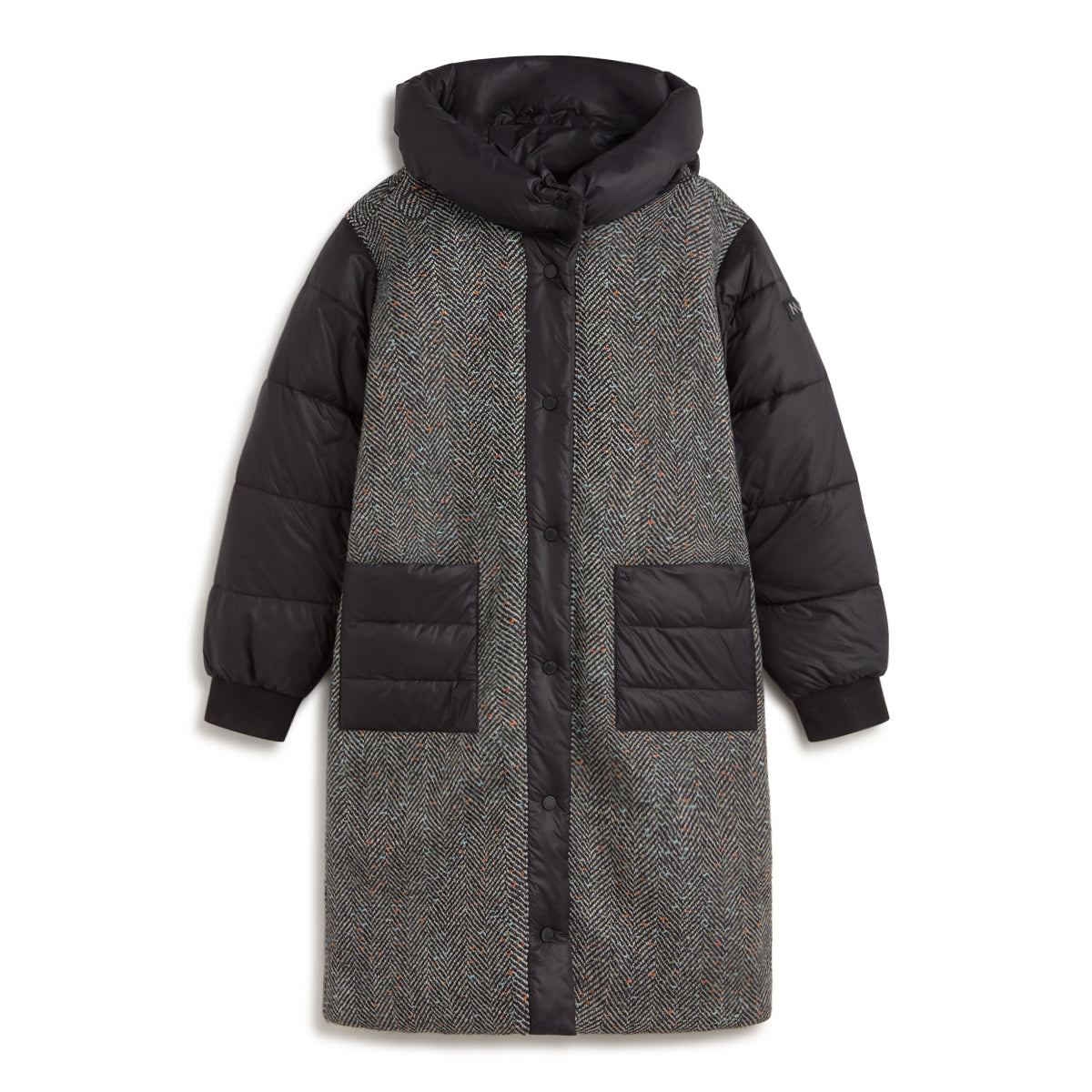 Andam black mixed fabric long parka with quilted sleeves and hood