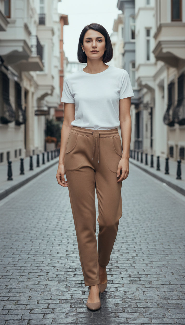 Andam camel relaxed trousers styled with white tee