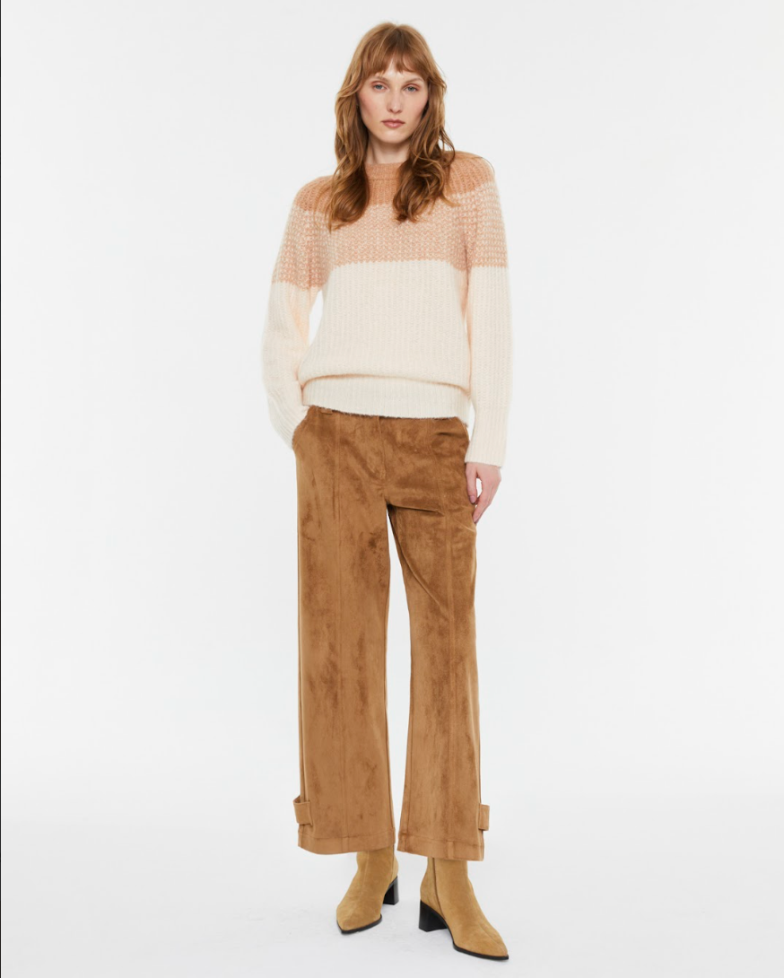 Full outfit featuring Andam camel trousers styled with knitwear and boots