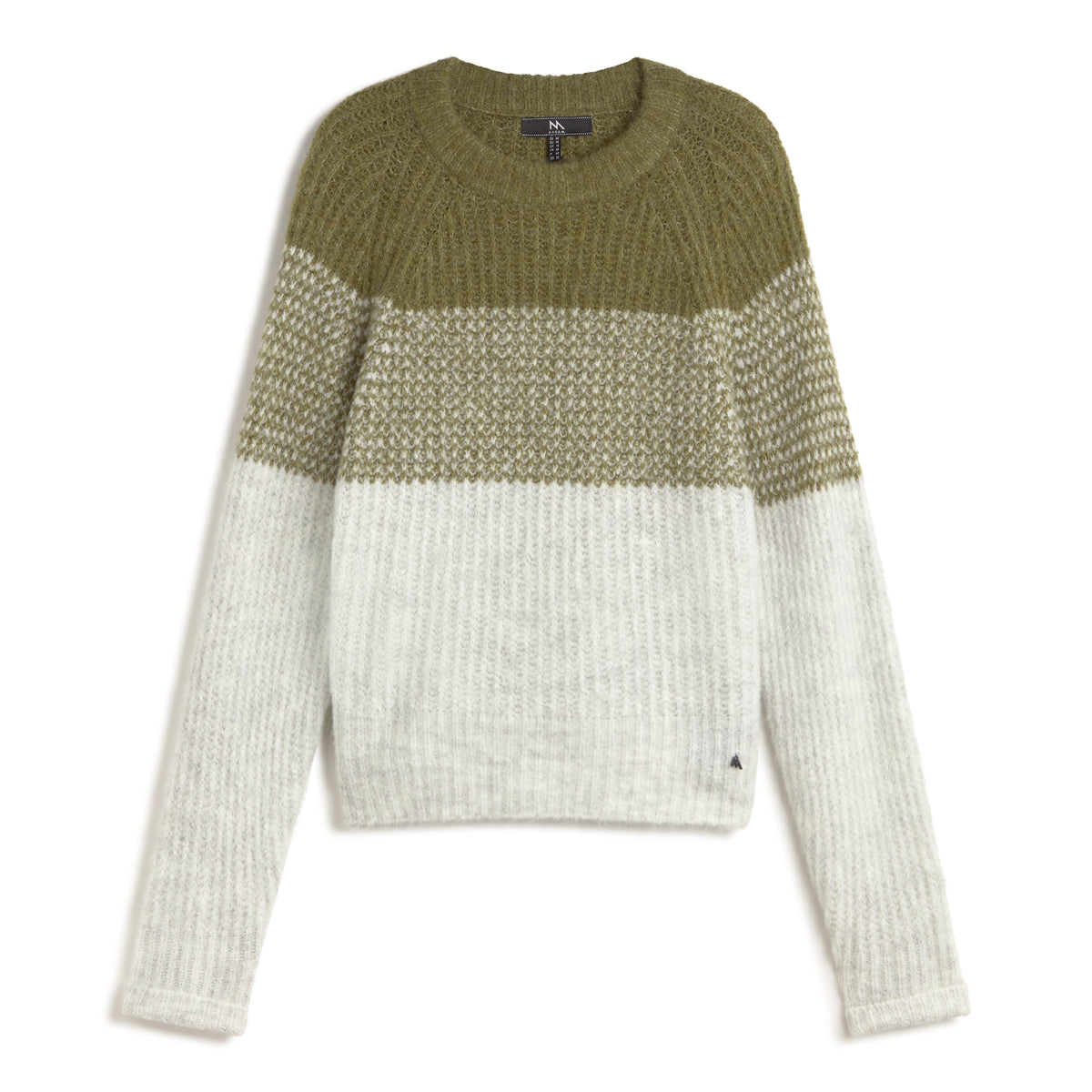 Andam colour block knit jersey in khaki and cream featuring a relaxed fit, crew neckline and textured chunky knit.