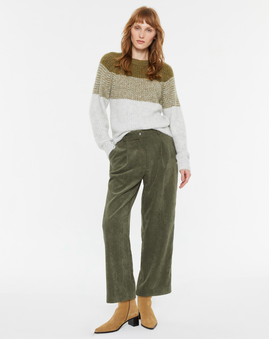 Front view of the Andam colour block knit jumper in khaki and cream with a soft textured knit finish.