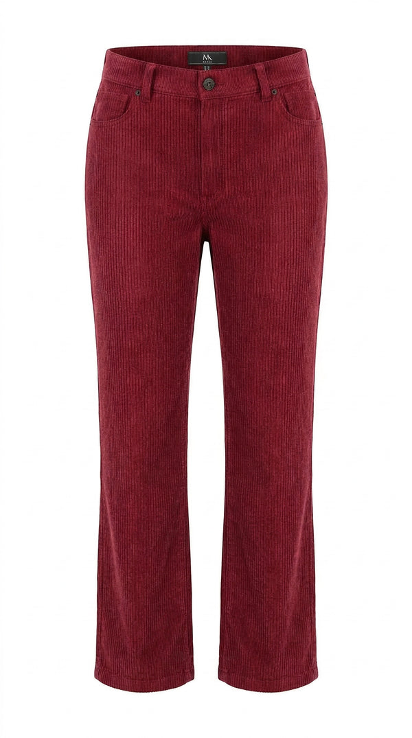 Andam burgundy corduroy straight-leg pants with classic five-pocket styling.