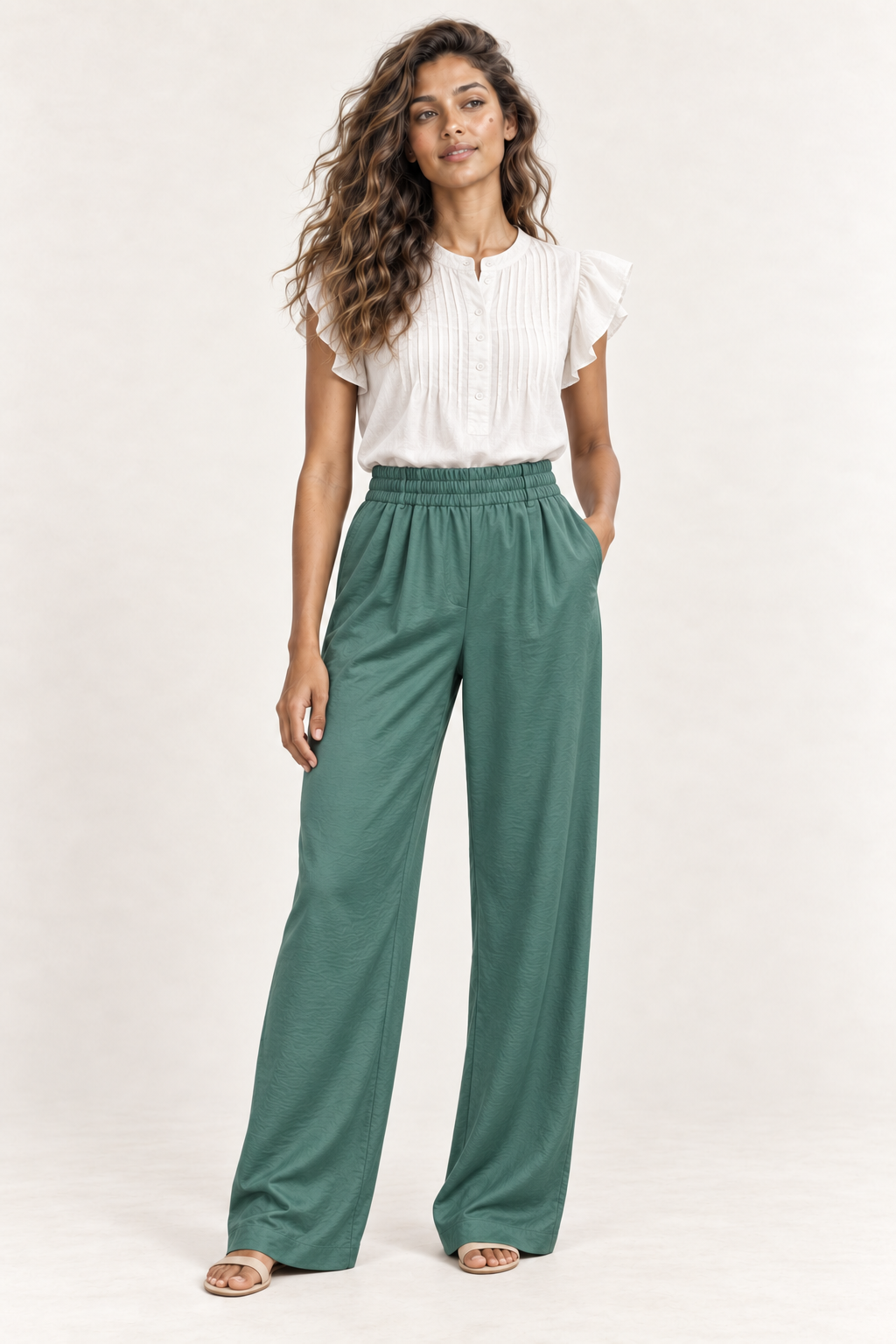 Model standing in the Andam green shirred waist wide leg satin pants