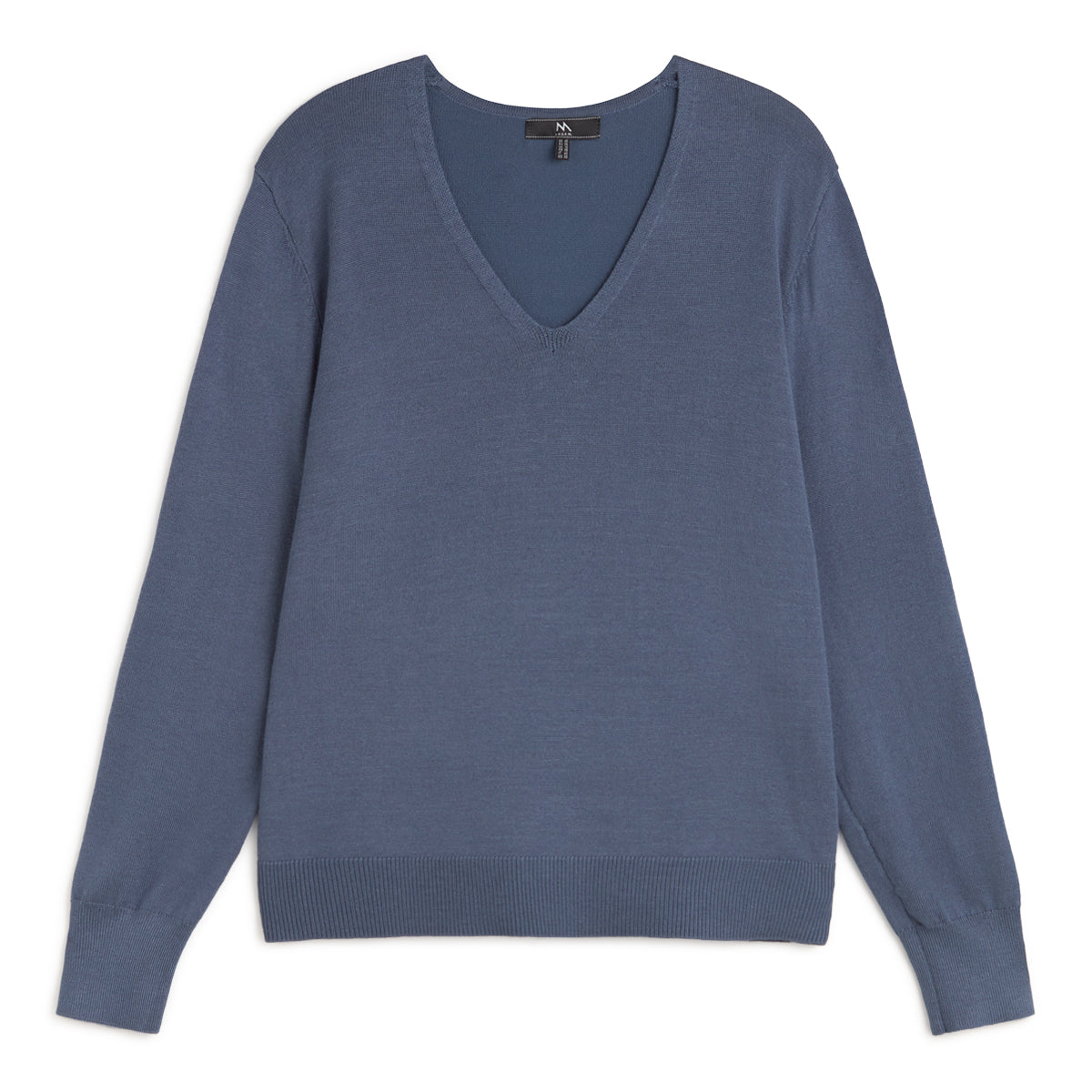 ANDAM blue fine knit jersey with V-neck and long sleeves