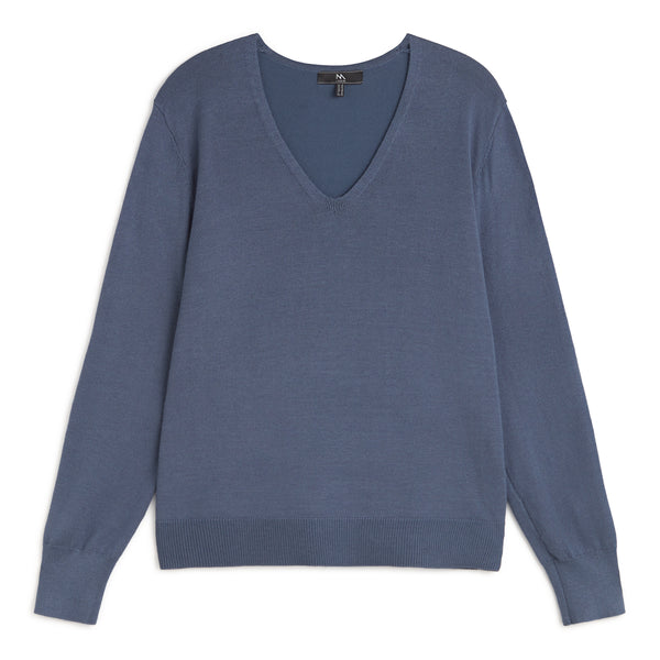 ANDAM blue fine knit jersey with V-neck and long sleeves