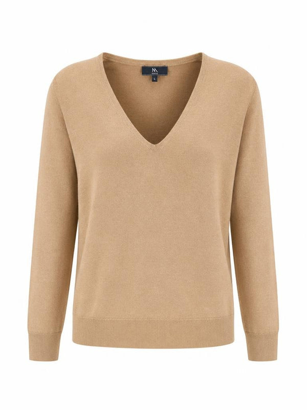 ANDAM camel fine knit jersey with V-neck and long sleeves