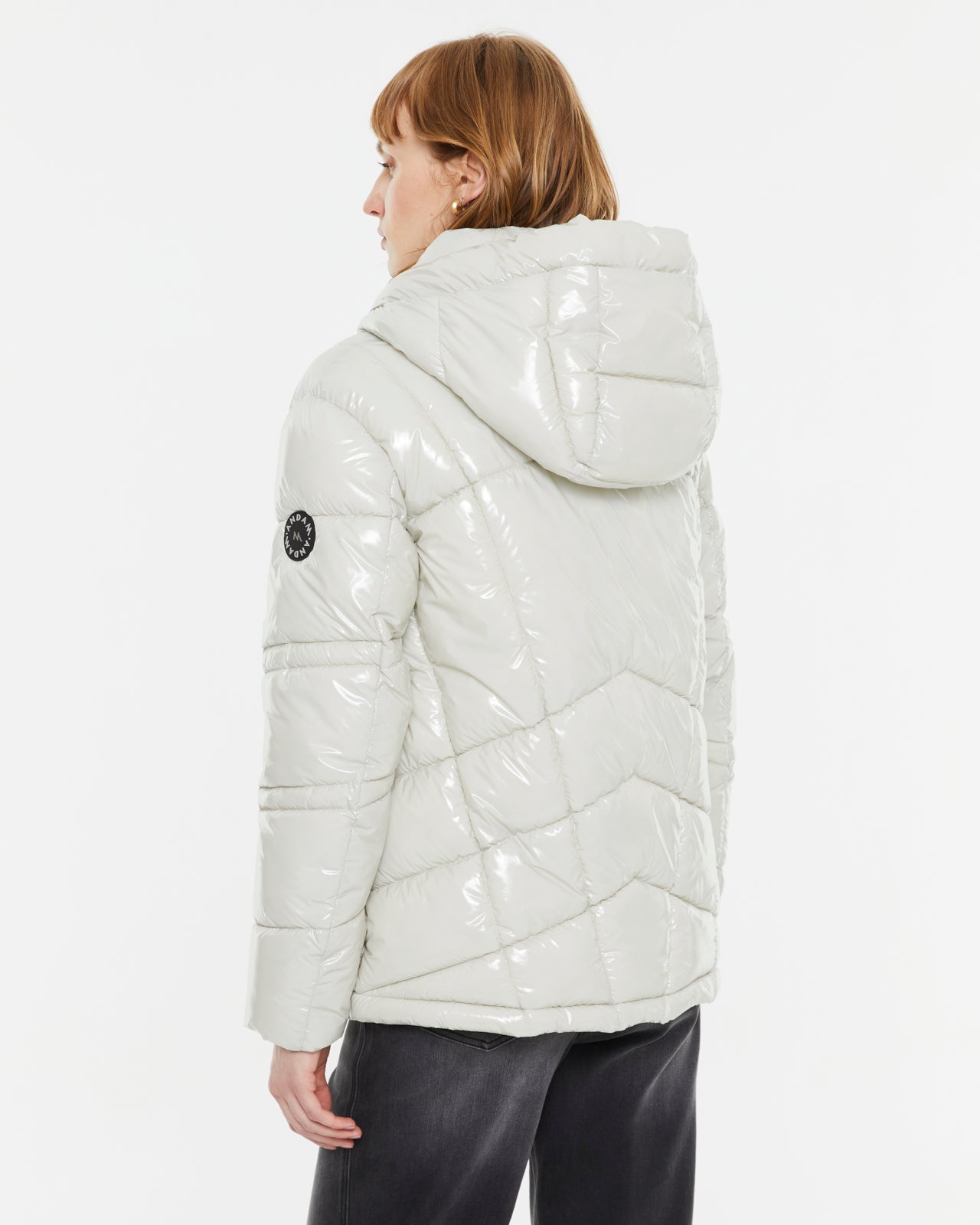 Back view of Andam ecru quilted puffer jacket with hood